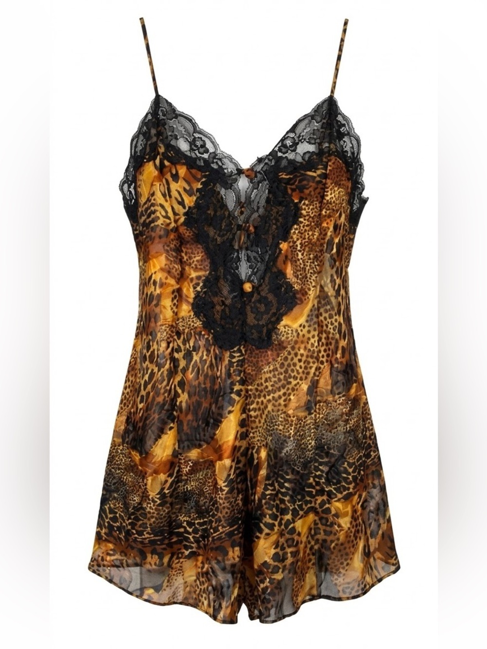 NWT• Vtg Solange Leopard Satin Sheer Lace Teddy Romper Plus Size 22/24